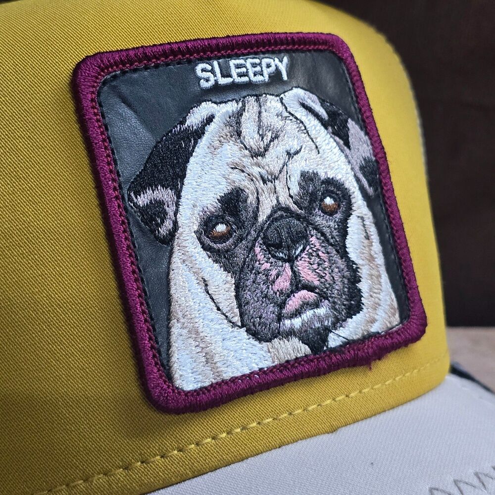 Goorin Bros Sleepy Pug Dog Trucker Hat Yellow Blue Mesh Snapback Open Vault - Picture 2 of 7